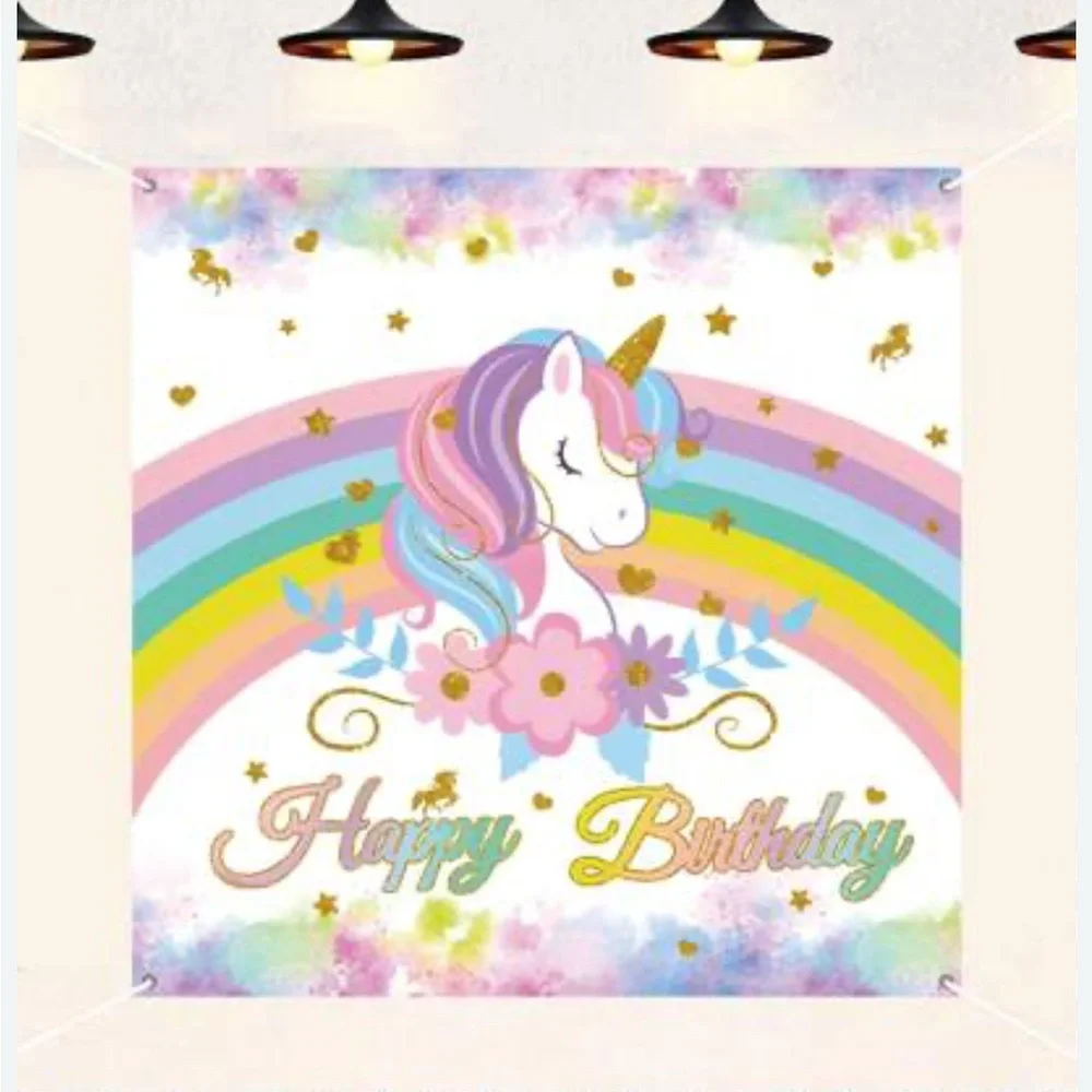 Pastel rainbow Unicorn Happy Birthday #4,  3 x 5, girls Birthday party kit